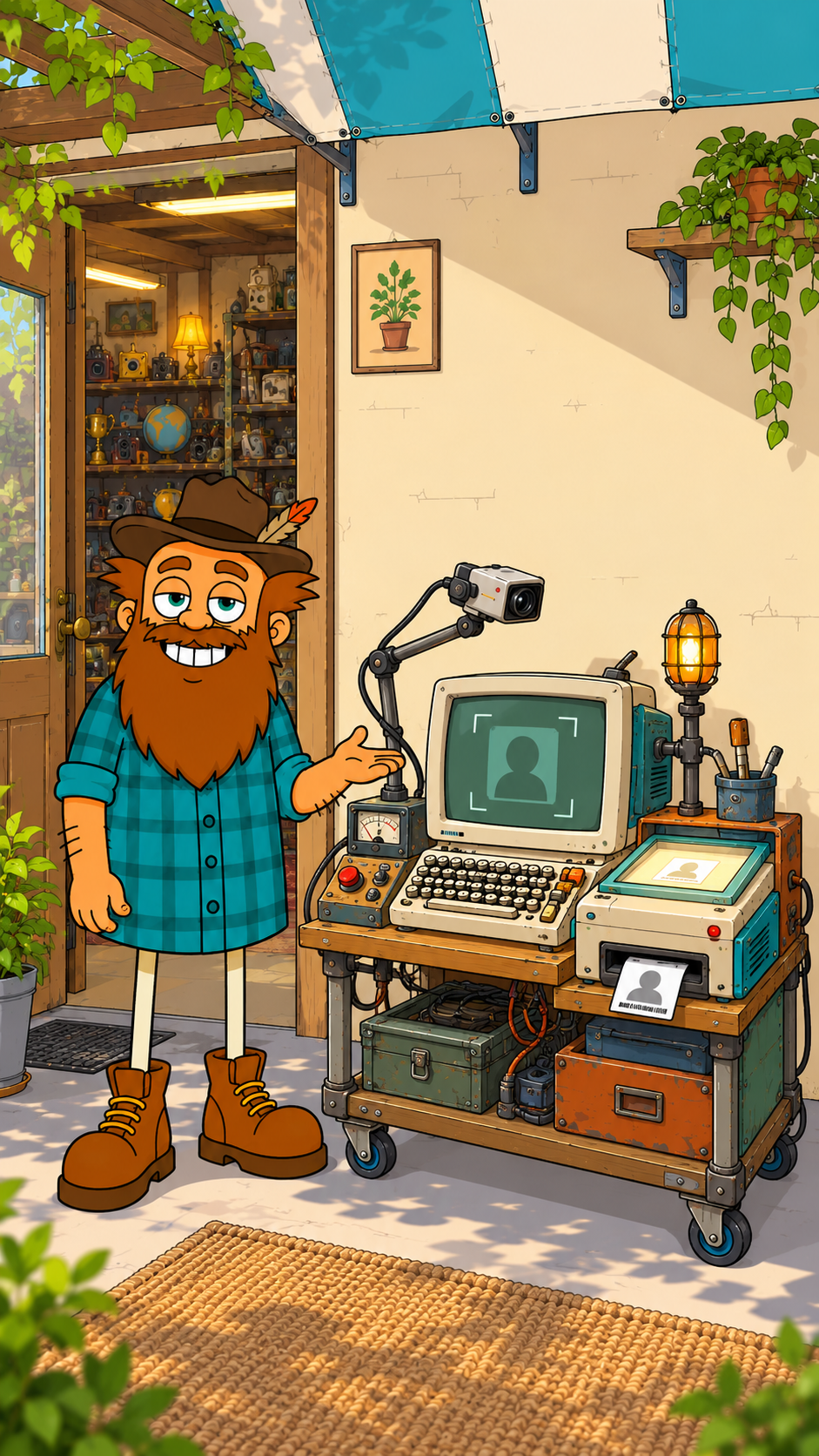 Gary standing beside his homemade character-card machine outside Gary's Thrifty
